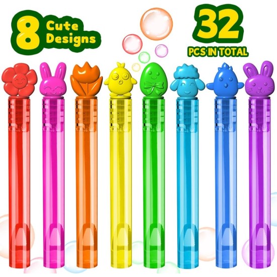 VKTEN 32Pcs Easter Mini Bubble Wands Assortment 8 Colors 8 Styles Easter Bubble Party Favors for Kids, Bubbles for Kids, Easter Toys Gifts, Easter Basket Stuffers Fillers