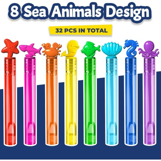 VKTEN 32Pcs Sea Mini Bubble Wands Assortment 8 Styles 8 Colors Bubble Party Favors for Kids, Bubbles for Kids, Themed Birthday Party Favors, Classroom Prizes Summer Outdoor Gifts for Girls Boys