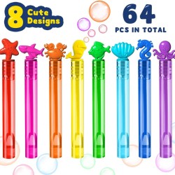 VKTEN 64Pcs Sea Animals Mini Bubble Wands Assortment 8 Colors 8 Styles Party Favors Toys for Kids,Themed Birthday, Wedding, Bath Time, Classroom Prizes Summer Outdoor Gifts for Girls Boys