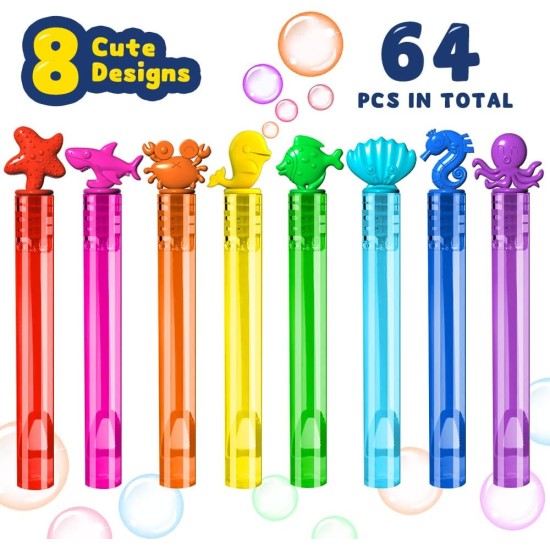 VKTEN 64Pcs Sea Animals Mini Bubble Wands Assortment 8 Colors 8 Styles Party Favors Toys for Kids,Themed Birthday, Wedding, Bath Time, Classroom Prizes Summer Outdoor Gifts for Girls Boys