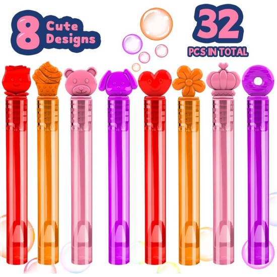 VKTEN 32Pcs Valentines Day Mini Bubble Wands Assortment 8 Styles Bubble Party Favors for Kids, Bubbles for Kids, Valentines School Classroom Exchange Prizes Gifts