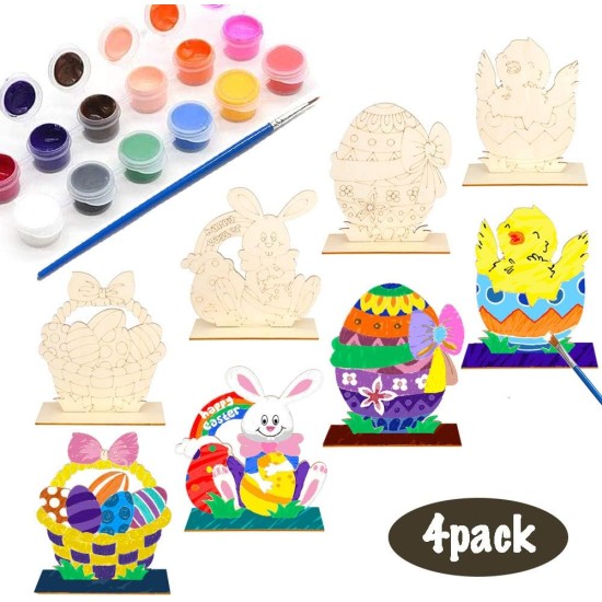 VKTEN 4Pack Easter Crafts Paint Unfinished Natural Wood Arts & Crafts for Kids Easter Ornaments Easter Table Decor for Boys Girls Easter Party Favors