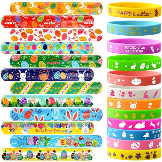 VKTEN 48Pcs Easter Party Favors Easter Slap Bracelets Rubber Wristbands Assorted Easter Egg Fillers Gifts for Kids Girls Boys Easter Basket Stuffers