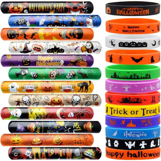 VKTEN 48Pcs Halloween Party Favors Slap Bracelets Rubber Wristbands Assorted Gifts for Kids Girls Boys (Halloween)