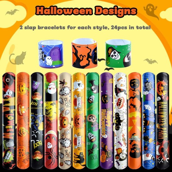 VKTEN 48Pcs Halloween Party Favors Slap Bracelets Rubber Wristbands Assorted Gifts for Kids Girls Boys (Halloween)