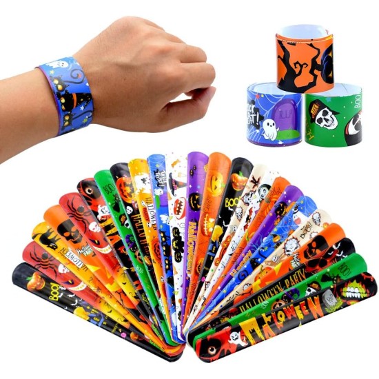 VKTEN 48Pcs Halloween Party Favors Slap Bracelets Rubber Wristbands Assorted Gifts for Kids Girls Boys (Halloween)