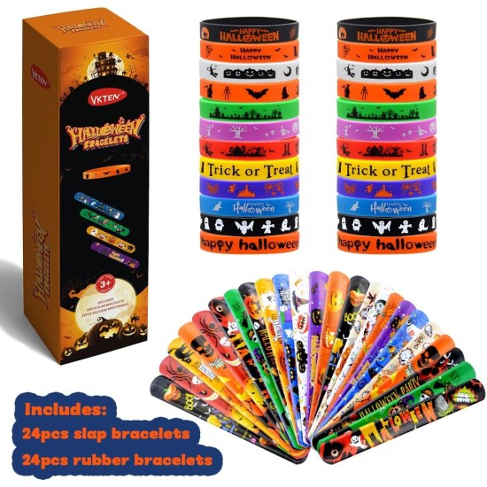 VKTEN 48Pcs Halloween Party Favors Slap Bracelets Rubber Wristbands Assorted Gifts for Kids Girls Boys (Halloween)