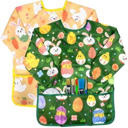 VKTEN 2 Pack Easter Kids Art Smocks, Easter Bunny Chick Painting Apron for Children Easter Painting, Waterproof Artist Painting Aprons Long Sleeve with 3 Pockets for Age 3-8