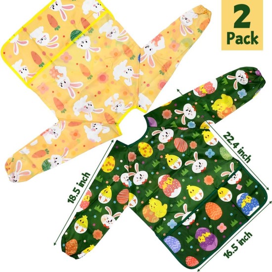 VKTEN 2 Pack Easter Kids Art Smocks, Easter Bunny Chick Painting Apron for Children Easter Painting, Waterproof Artist Painting Aprons Long Sleeve with 3 Pockets for Age 3-8