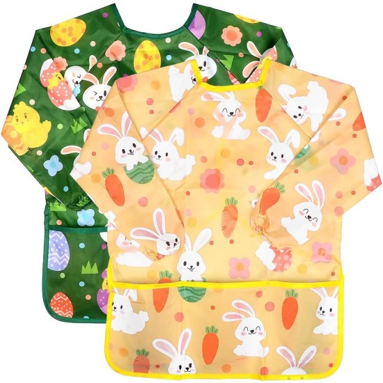 VKTEN 2 Pack Easter Kids Art Smocks, Easter Bunny Chick Painting Apron for Children Easter Painting, Waterproof Artist Painting Aprons Long Sleeve with 3 Pockets for Age 3-8