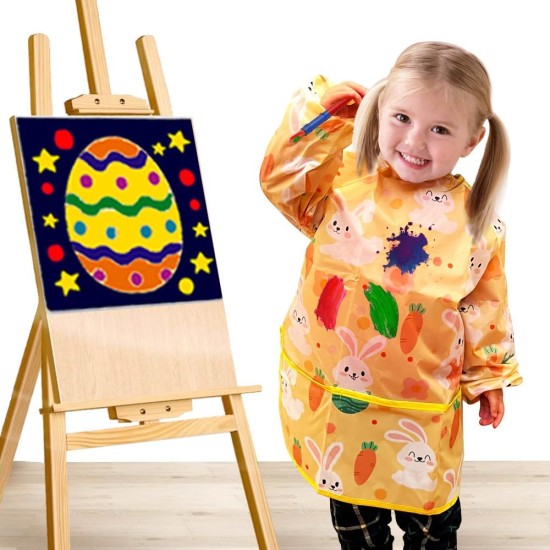 VKTEN 2 Pack Easter Kids Art Smocks, Easter Bunny Chick Painting Apron for Children Easter Painting, Waterproof Artist Painting Aprons Long Sleeve with 3 Pockets for Age 3-8